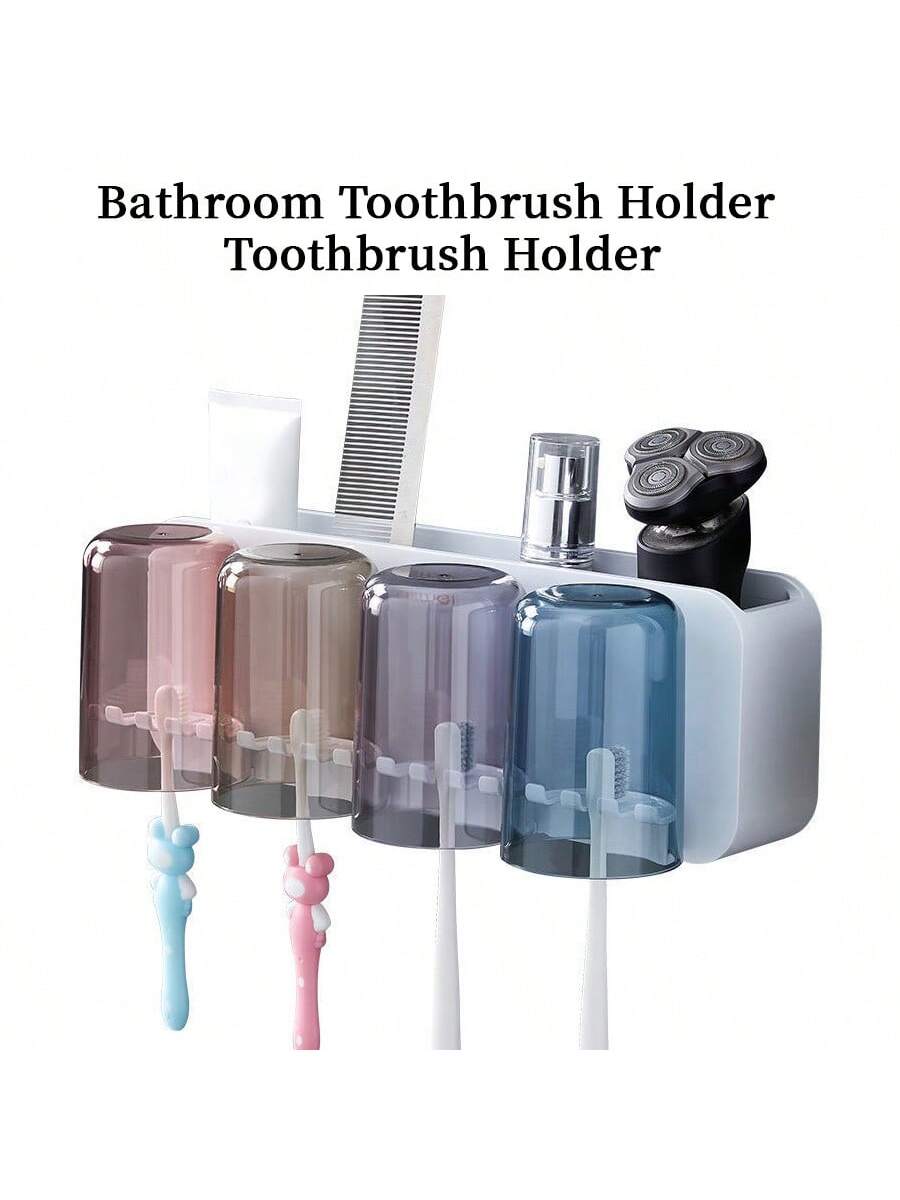 1Pc ABS Material Bathroom Toothbrush Holder Toothbrush Shelf No Hole Wall-Mounted Brush Cup Storage Rack Squeeze Toothpaste Device Toothpaste Holder Two Cups Models / Three Cups Models / Four Cups Models