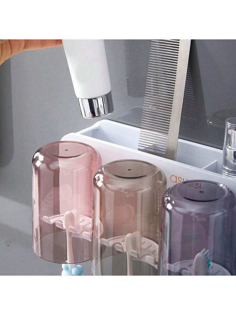 1Pc ABS Material Bathroom Toothbrush Holder Toothbrush Shelf No Hole Wall-Mounted Brush Cup Storage Rack Squeeze Toothpaste Device Toothpaste Holder Two Cups Models / Three Cups Models / Four Cups Models