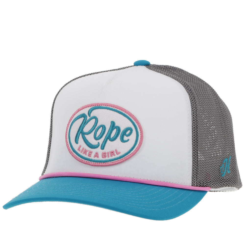 "Rope Like A Girl" Hat White/Grey w/Pink/Turquoise & White Patch