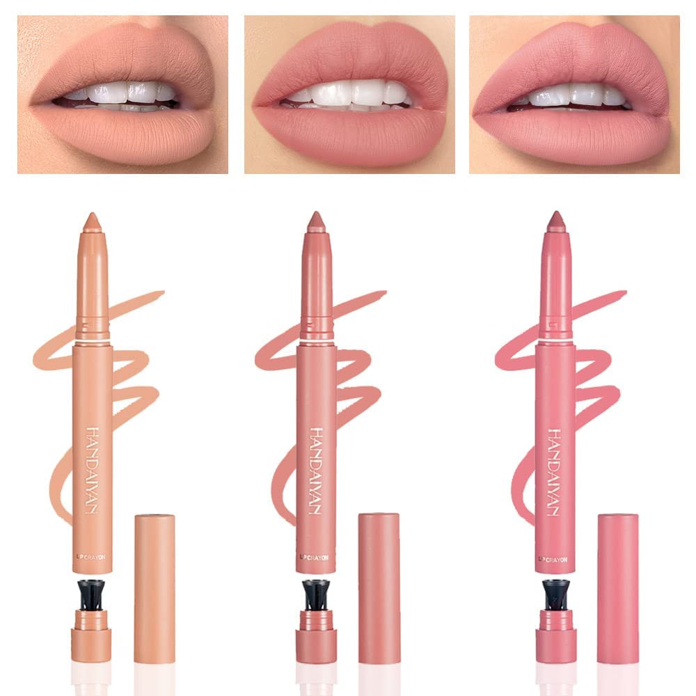 3 Colors Matt Nude Lipstick Lipliner Lip Crayons Pack Set,Velvet Moisture Smooth Matte Lipstick Pencils,Waterproof&Waterlasting,13#14#15#
