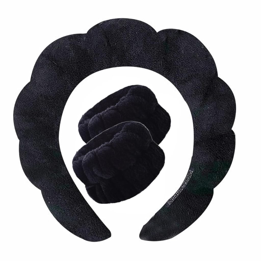 VNIHTT 2 In 1 Sponge Spa Headband for Washing Face,Makeup Headbands for Women Girls,Wash Spa Yoga Sports Shower Head Band Terry Towel Cloth Hair Band for Skincare With Wristband Set (Black)