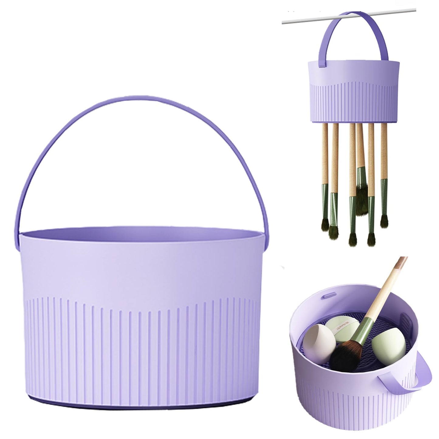 BUCICE Makeup Brush Cleaner Bowl, 3 in 1 Silicone Makeup Brush Cleaning Mat Makeup Brush Tools Drying Holder Portable Washing Tool with Storage Stand, Purple