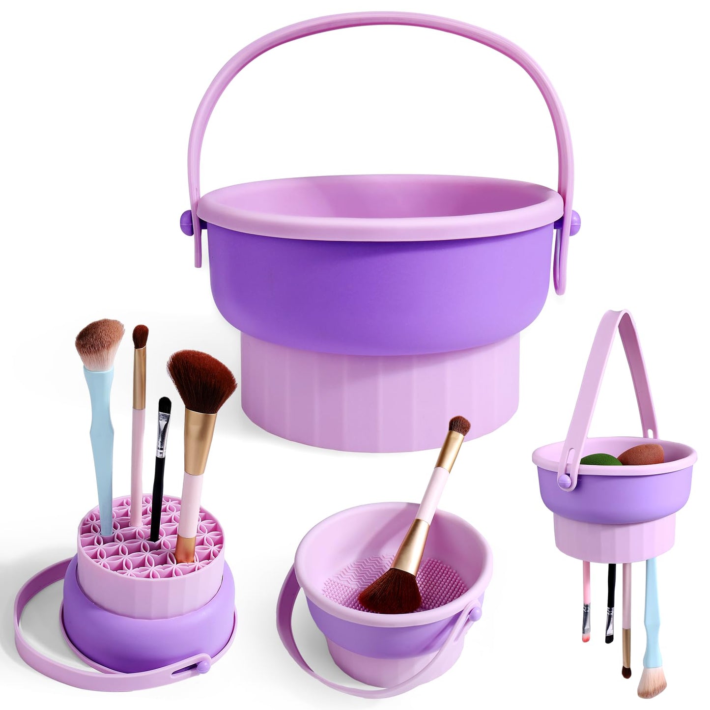 Vodolo Makeup Brush Cleaning Bowl,3 in 1 Silicone Cosmetic Brush Cleaner Mat,Makeup Brush Cleaner Machine with Drying Holder Brush Cleaning Scrubber Drying Rack Tool Fit For All Size Make Up Brush