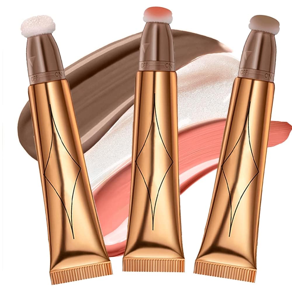 3PCS Contour Beauty Wand Set, Liquid Bronzer Stick, Liquid Contour, Contour Wand, Contour Blush and Highlighter Sticks with Soft Cushion Applicator(Contour+Blush+Highlighter)