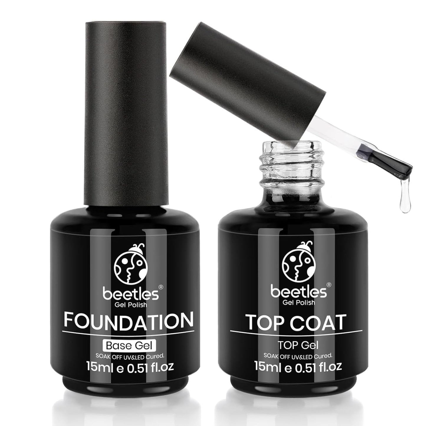 beetles Gel Polish Base Gel Top Coat Set, 2Pcs 15ML/0.5 OZ Clear Base Coat No Wipe Top Gel Set Soak Off UV LED Glossy Shine Finish Long Lasting DIY Nail Salon Manicure