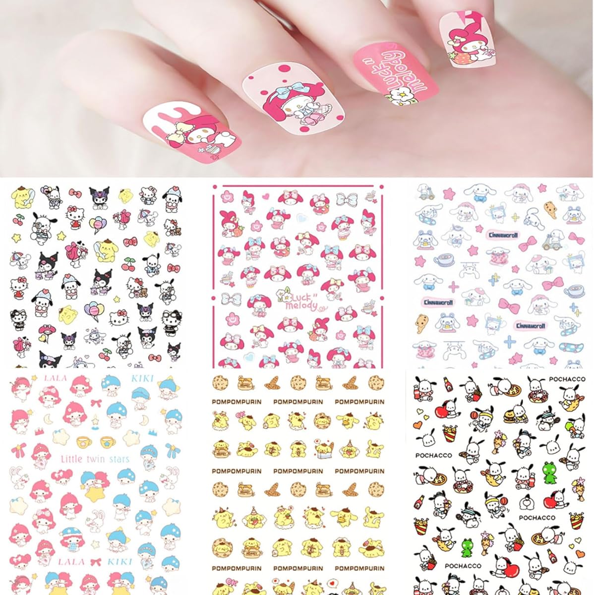 6 Sheets Cute Nail Art Stickers, 3D Nail Stickers DIY Nails Sticker Kawaii Anime Nail Stickers for Women Girls Kids Nail Art