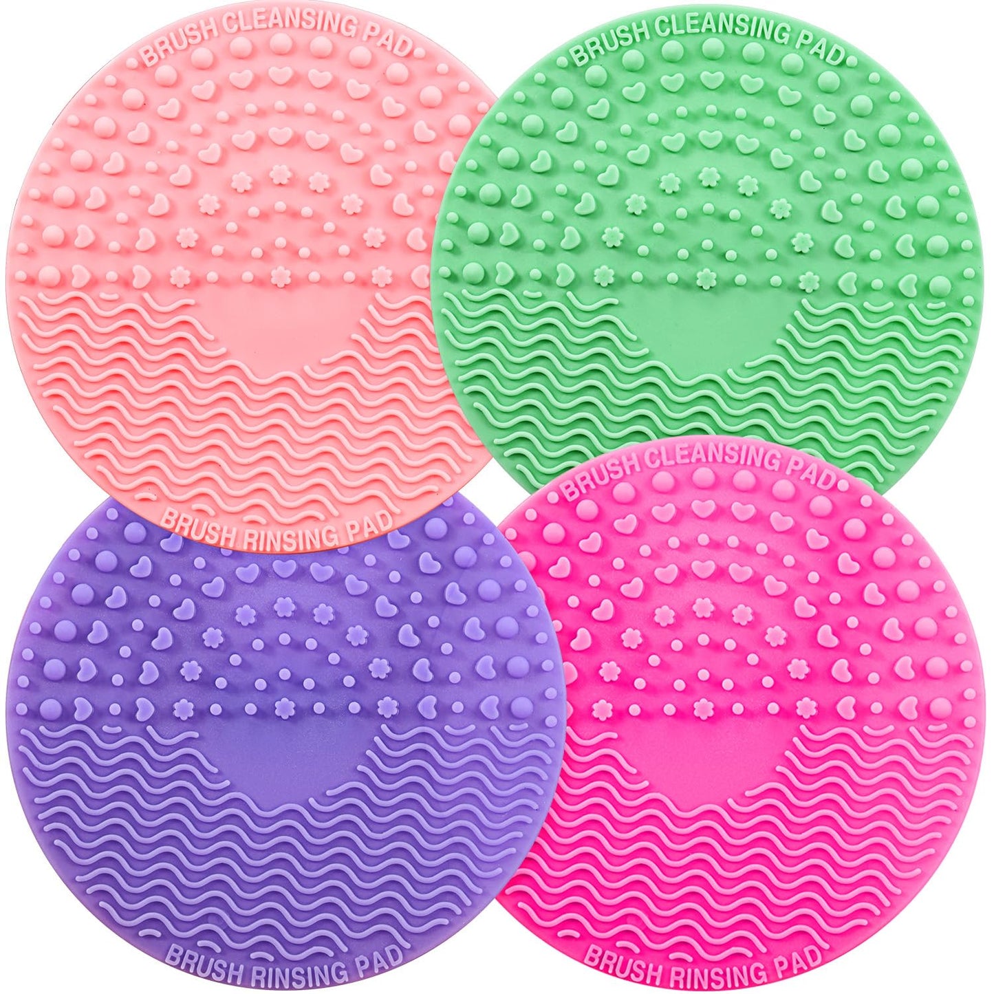 4 Packs Silicone Makeup Brush Cleaning Mat, Round Makeup Brush Cleaner Pad Cosmetic Brush Cleaning Mat Portable Washing Tool Scrubber with Suction Cup (Green, Purple, Pink, Rose Red)