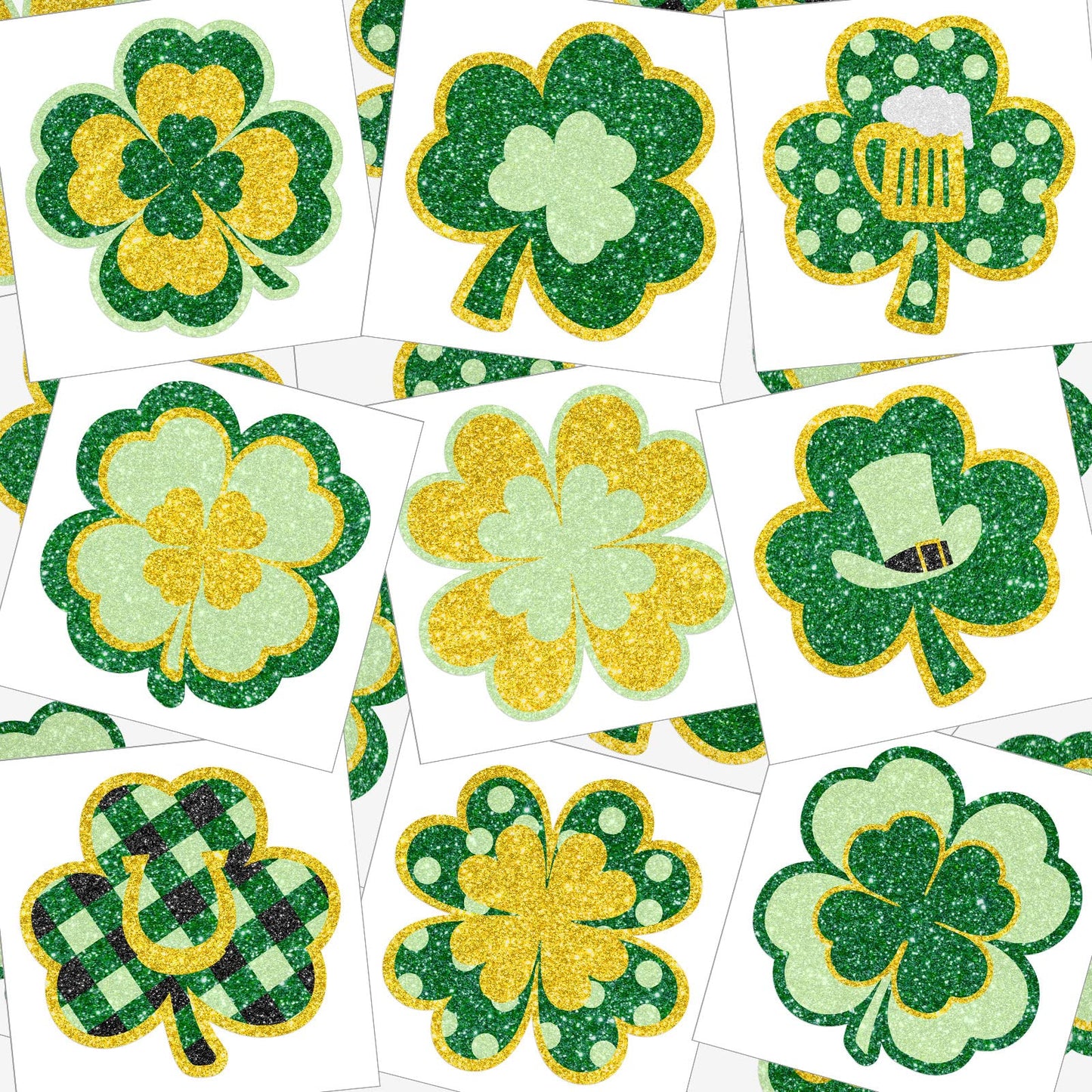 72 Pieces Glitter Shamrock Temporary Tattoos St. Patrick's Day Tattoos Lucky Clover Glitter Tattoo Stickers St. Patrick's Day Irish Sticker Parade Party Favors Decorations Accessories, 9 Styles