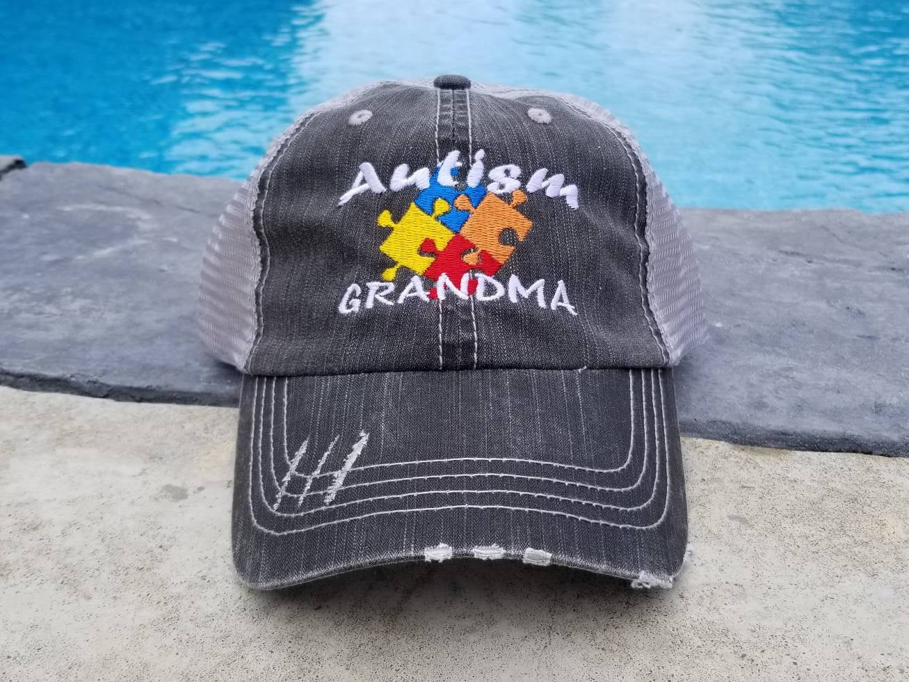 Autism Colored Puzzle Pieces Distressed Mesh Hat