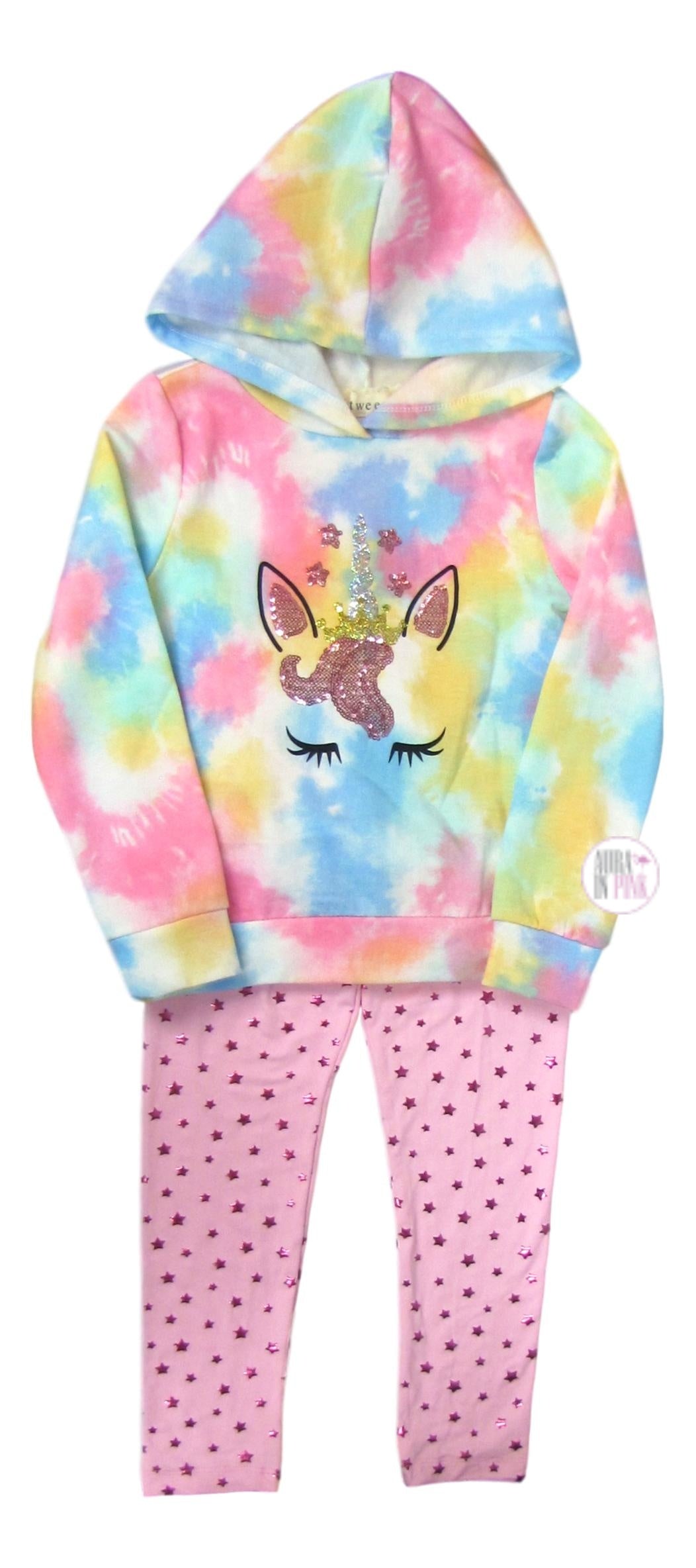 Btween Cotton Candy Rainbow Pastel Fleece Sequin Unicorn Hoodie w/Pink Shimmer Stars Leggings 2-Pc Set
