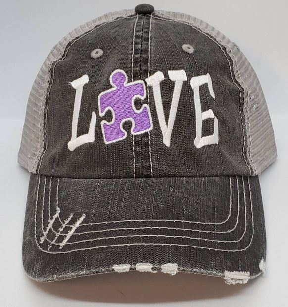 Autism Love Puzzle Piece Distressed Mesh Hat