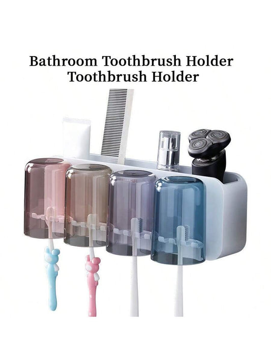 1Pc ABS Material Bathroom Toothbrush Holder Toothbrush Shelf No Hole Wall-Mounted Brush Cup Storage Rack Squeeze Toothpaste Device Toothpaste Holder Two Cups Models / Three Cups Models / Four Cups Models