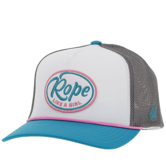 "Rope Like A Girl" Hat White/Grey w/Pink/Turquoise & White Patch