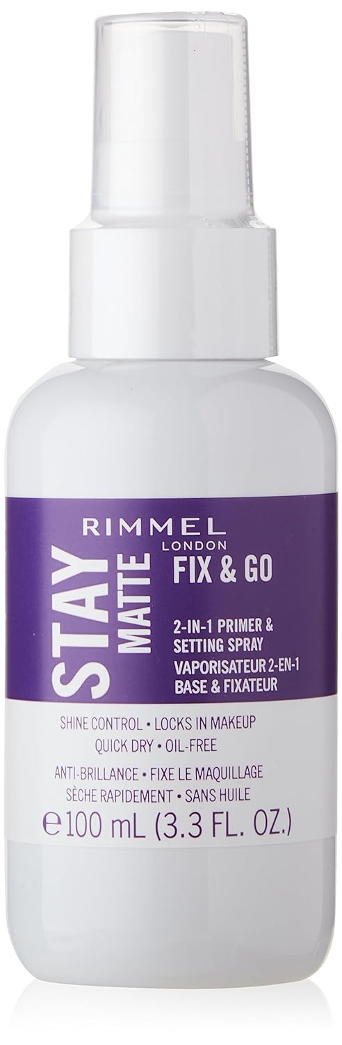 Rimmel London Stay Matte Fix & Go - 001 Transparent - 2-in-1 Primer & Setting Spray, Oil-Free, Locks Makeup into Place, Soothes Skin, 3.4oz