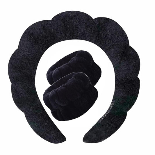 VNIHTT 2 In 1 Sponge Spa Headband for Washing Face,Makeup Headbands for Women Girls,Wash Spa Yoga Sports Shower Head Band Terry Towel Cloth Hair Band for Skincare With Wristband Set (Black)