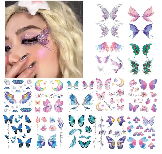 14 Sheets Glitter Butterfly Temporary Tattoos Sticker for Women Girls Eye Face Makeup Decoration, Flash Fairy Wings Body Art Shiny Butterflies Waterproof Fake Tattoos for Festival Party Eye Decor