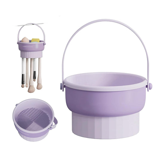 Beauty Makeup Brush Cleaner Mat,Silicone Makeup Brush Cleaning Bowl with Drying Holder Hook for Cleaning Makeup Brushes,Portable Brush Cleaning Quick Color Removal Sponge Scrubber Tool (Purple)