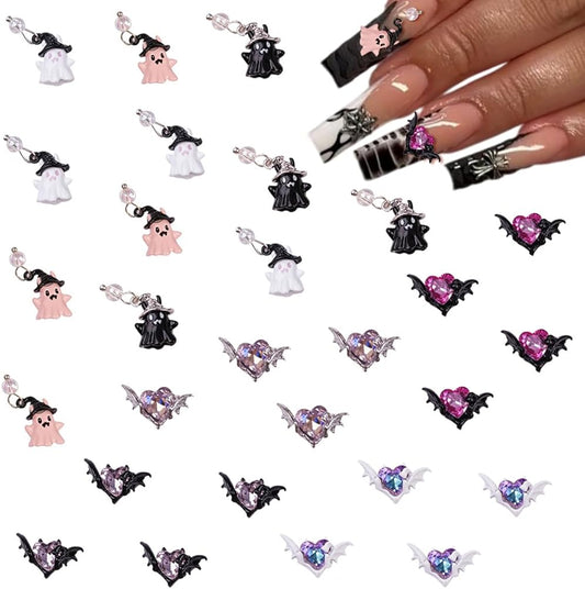 ____ ______ Halloween Decorations Bat Elf Nail Charms Decor Rhinestones Resin Nail Charms for Acrylic Nails - SHANRUN Alloy Nail Charms with Mix Color Gem Sparkling Bats for Press on Nails DIY Designs