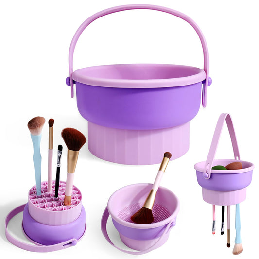 Vodolo Makeup Brush Cleaning Bowl,3 in 1 Silicone Cosmetic Brush Cleaner Mat,Makeup Brush Cleaner Machine with Drying Holder Brush Cleaning Scrubber Drying Rack Tool Fit For All Size Make Up Brush