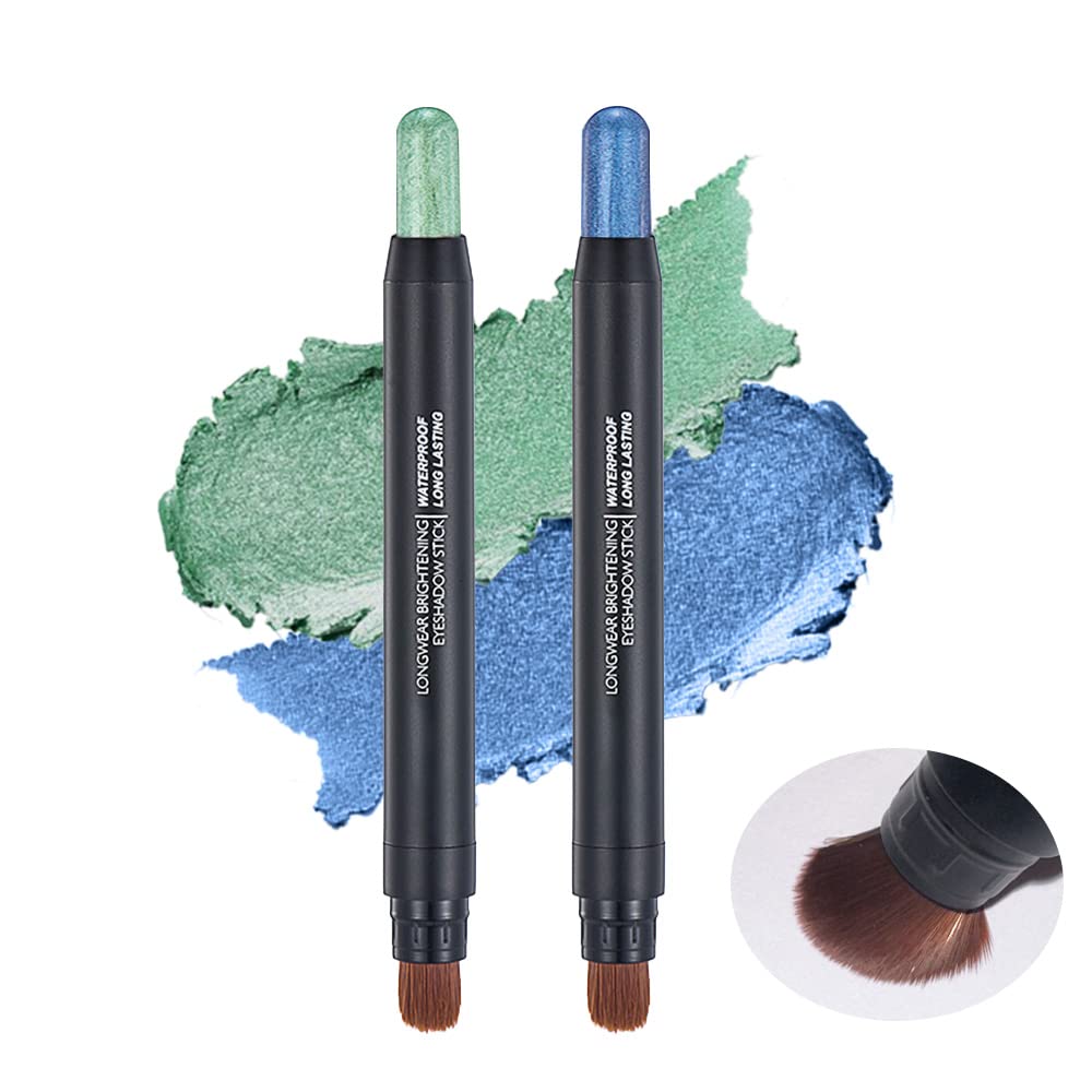 2Pcs Shimmer Cream Eyeshadow Stick,Blue Green Eye Brightener Highlighter Eye Shadow Stick Sets,Long Lasting Waterproof Smudge Proof EyeShadow Cream Makeup,Vegan Eyeshadow Pencil Crayon With Soft Brush