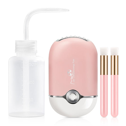 Buqikma Lash Fan Makeup Brush for Eyelash Extention Mini Lash Fan with Lash Shampoo Brushes,Type C Air Conditioning Eyelash Fan Facial Cleaning Brush and Plastic Wash Bottle (Pink)