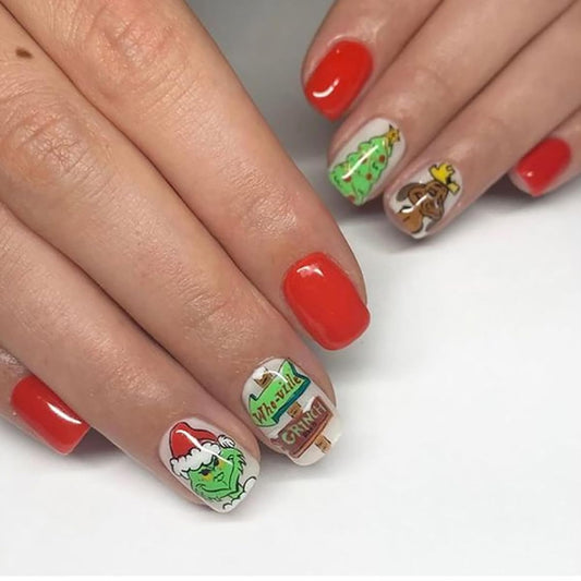 24Pcs Christmas Press on Nails Short Square Fake Nails Petite Red Green Cute Christmas Trees Designs Full Cover Artificial Acrylic Gri_ch False Nails for Women Girls Winter Xmas Nail Art Decorations