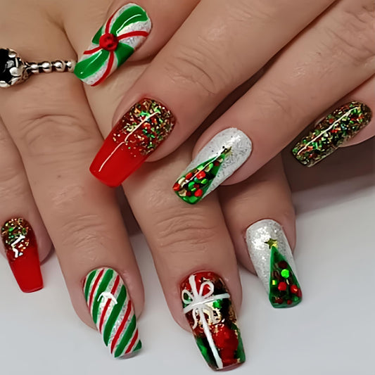 Christmas Square Fake Nails Short Press on Nails Xmas Green Red Silver Glue on Nails Glitter False Nails Rhinestone Christmas Tree Gift Designs Full Cover Acrylic Artificial Nails for Women Nails Art