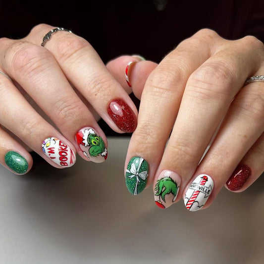 Christmas Press on Nails Short Almond Fake Nails Green Red False Nails with Cute Grinchs Designs Glossy Acrylic Nails Winter Holiday Glue on Nails Christmas Artificial Stick on Nails for Women