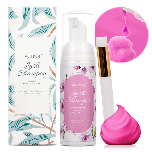 ACTROL Eyelash Extension Cleanser 60ML Colored Pink Cherry Blossoms Lash Extension Shampoo Lavender Professional Eyelid Foaming Cleanser Paraben & Sulfate Free Non-lrritating with Salon and Home Care