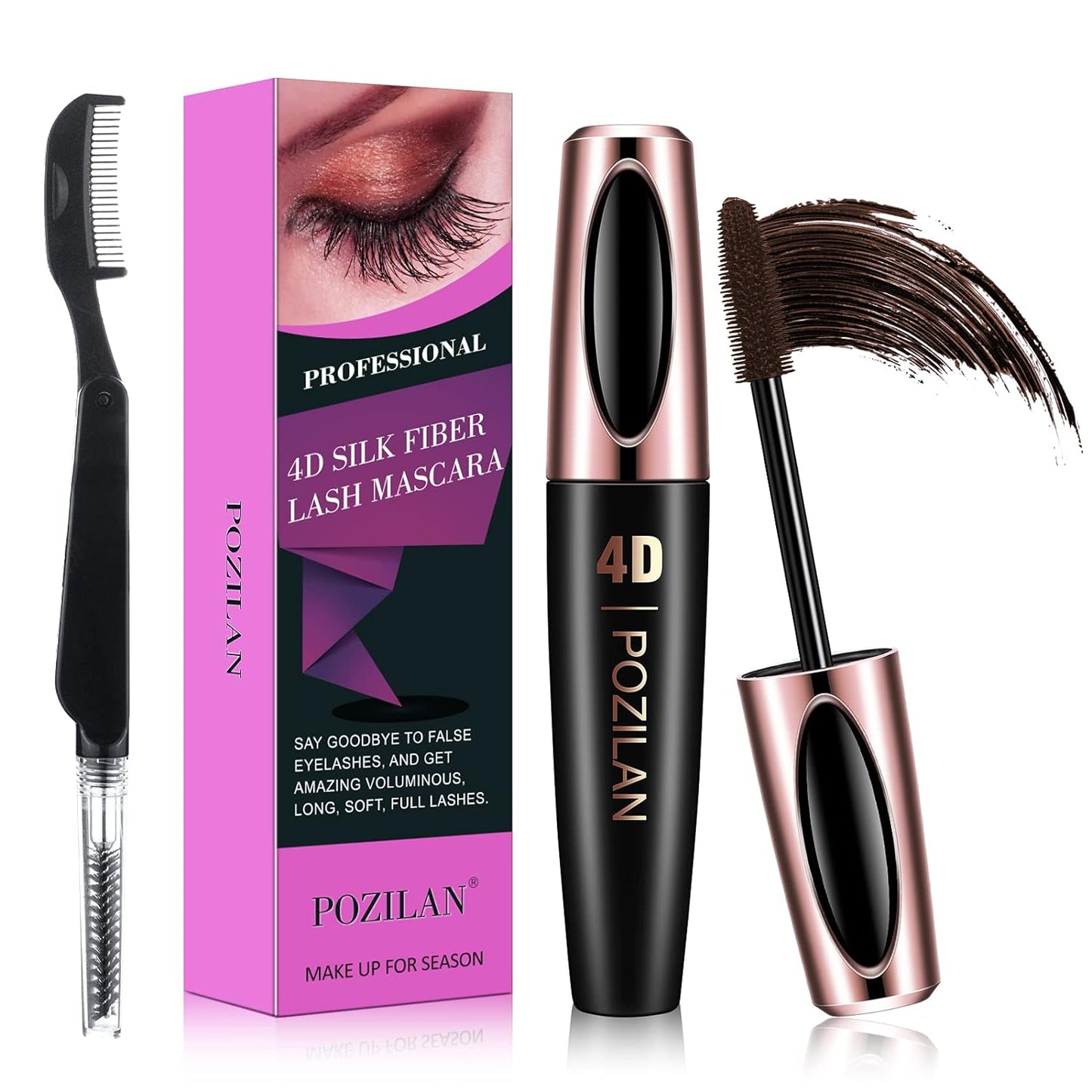 Brown Mascara Waterproof with Folding Eyelash Comb Brush - Lengthening, Volumizing, Long-Lasting, Natural Eye Makeup (Brown)