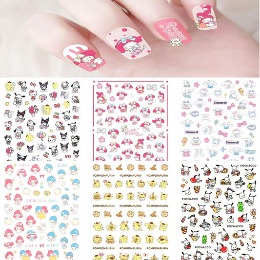 6 Sheets Cute Nail Art Stickers, 3D Nail Stickers DIY Nails Sticker Kawaii Anime Nail Stickers for Women Girls Kids Nail Art