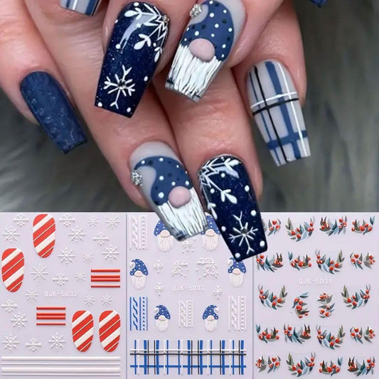 Christmas Nail Art Stickers Decals for Christmas Nail Decorations Accessories 5D Embossed Cute Xmas Elf Stripe Snowflake Evergreen Designs Christmas Nail Stickers for Women Girls (Blue)