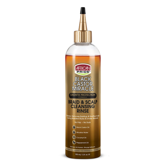 African Pride Black Castor Miracle Braid & Scalp Cleansing Rinse - Removes Hair Build Up & Soothes Scalp, No Frizz, Contains Black Castor Oil, Micellar Water, Coconut Oil, Peppermint Oil, 12 oz