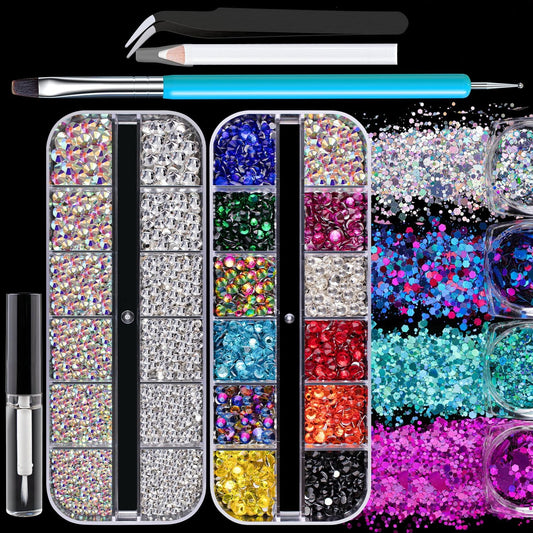 3500pcs Face Gems for Makeup with Glue, 2-5mm Round Glass Crystal AB & Clear & Mixed Color Iridescent Chameleon Gems & 4 Colors Cosmetic Chunky Glitter with Dotting Tools, Jewels For Make-up, Nail Art