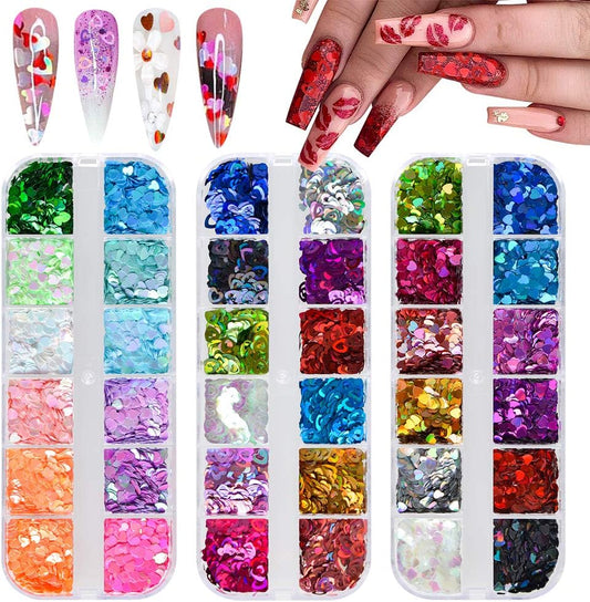36 Colors Heart Glitter Nail Art Sequins, EBANKU Holographic Heart Shaped Nail Sequin Laser Heart Nail Art Flake Glitter Decals for Valentine's Day Face Eyes Nail Art Decoration DIY Craft (3 Boxes)