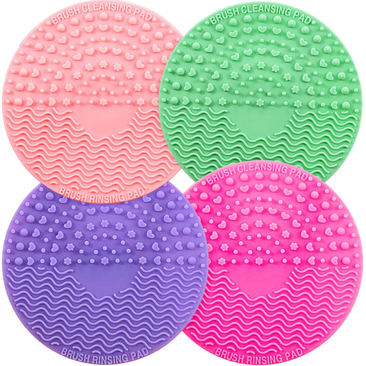 4 Packs Silicone Makeup Brush Cleaning Mat, Round Makeup Brush Cleaner Pad Cosmetic Brush Cleaning Mat Portable Washing Tool Scrubber with Suction Cup (Green, Purple, Pink, Rose Red)