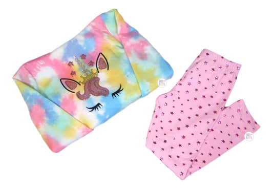 Btween Cotton Candy Rainbow Pastel Fleece Sequin Unicorn Hoodie w/Pink Shimmer Stars Leggings 2-Pc Set