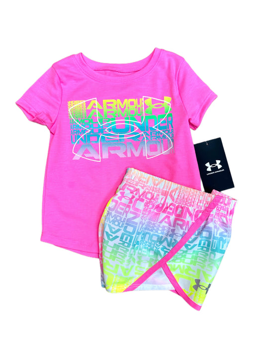 UA Printed Woven Short Set, Fluo Pink