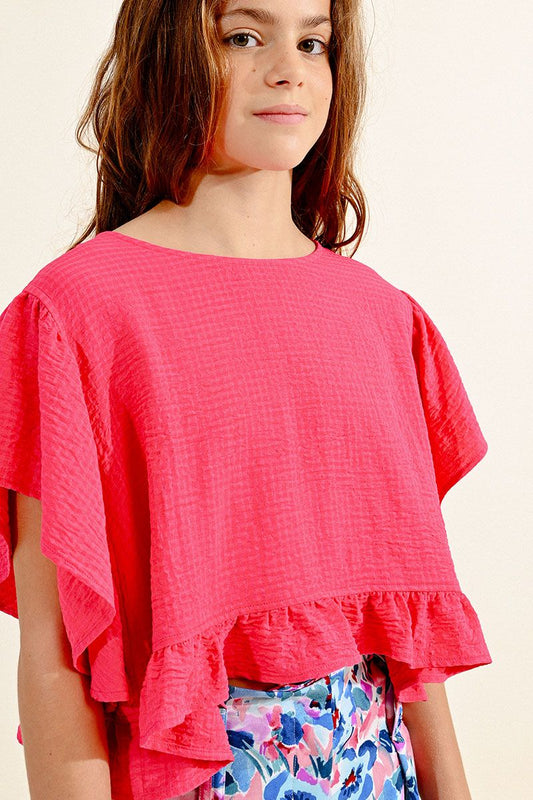 Woven Top W/Ruffle , Fucshia